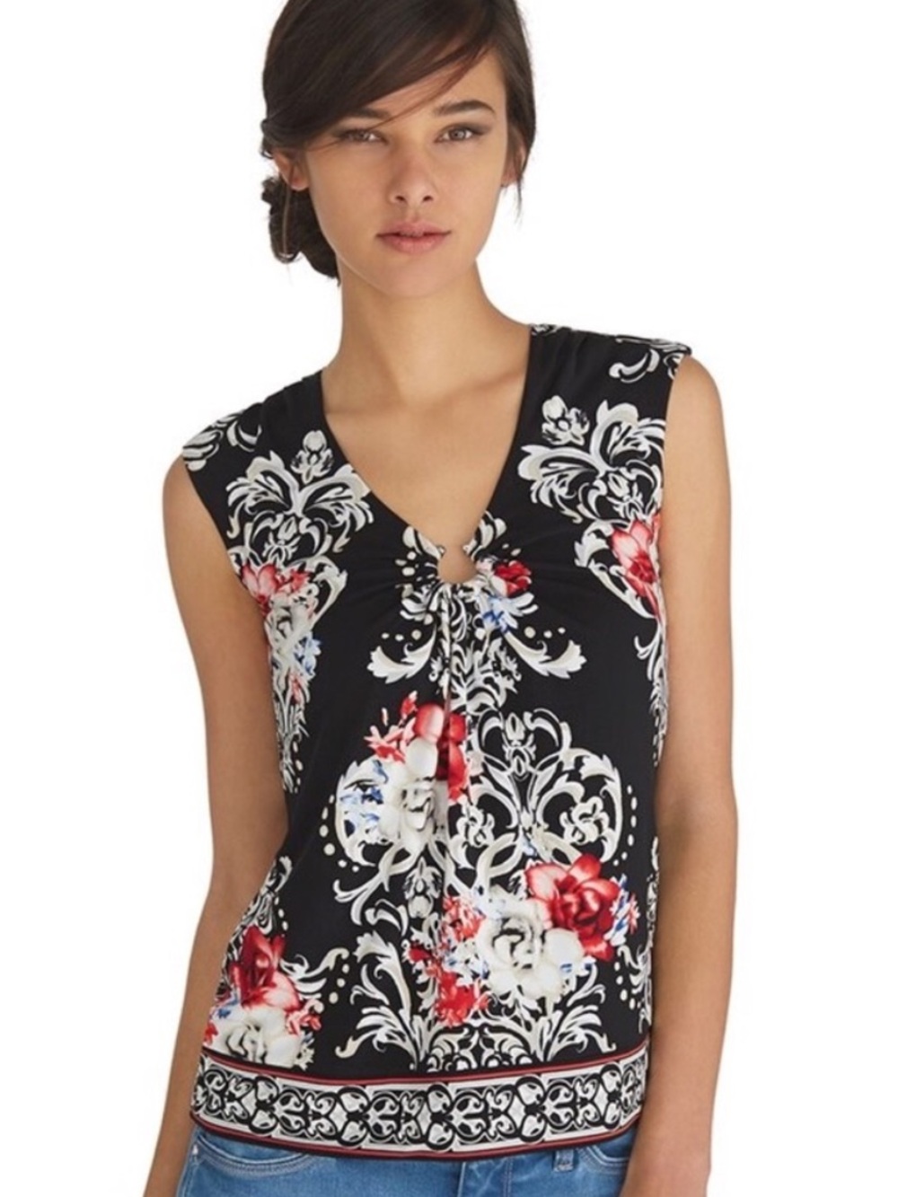 WHBM floral cap sleeve horseshoe tee v-neck NWT size XS